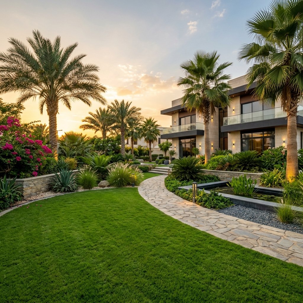 تصميم وتنسيق حدائق منزلية فاخرة بجازان - عشب صناعي وجلسات خارجية